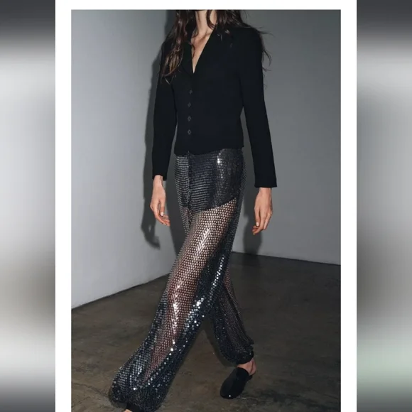 Zara Black and Silver Sequin Wide-Leg Pants - Picture 2 of 9